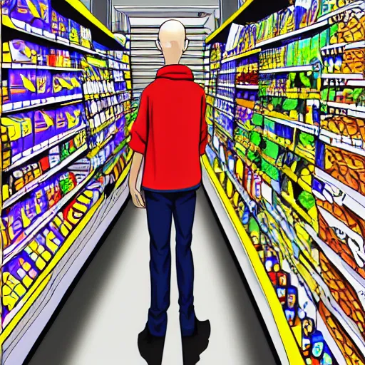 Image similar to Saitama in a supermarket, digital drawing