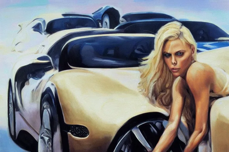 Prompt: beautiful t charlize theron with long blonde hair locks holds over its head on its two hands bugatti veyron, oil on canvas, naturalism