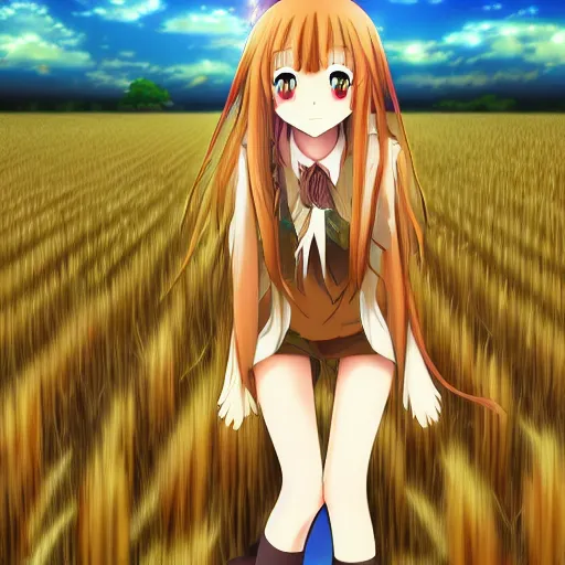 Image similar to anime illustration of Holo from Spice and Wolf standing in a wheat field at sunset, Holo is a wolf girl, high detail, trending on pixiv