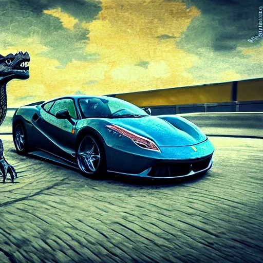 Prompt: photorealistic ferrari with a dragon by van gogh, sharp focus, cinematic, beautiful, ultra - realistic, post - impressionist