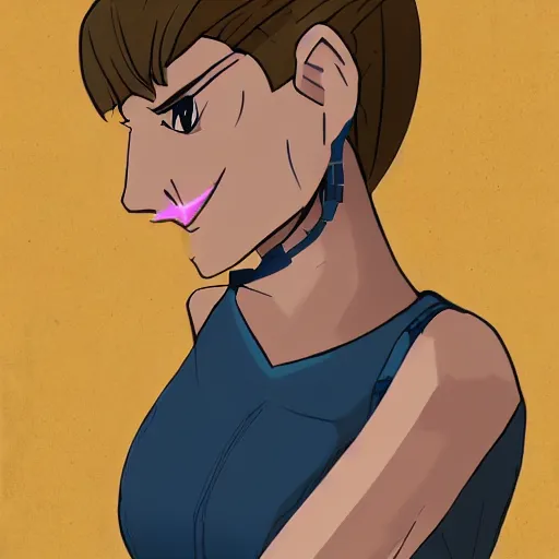 Image similar to Tall sweet woman with an athletic build. She is a bio-machine. There is a crystal in her chest that can be removed. She lost her arms in a fight and now has to use cybernetic ones that attach at the shoulder. Her face and eyes are sharp but kind. Facial features fit her face. Small ears. She has a tail that she wraps around her waist at times. Her hair is in a slightly messy bob and colored light blue. Digital character design art trending on artstation.