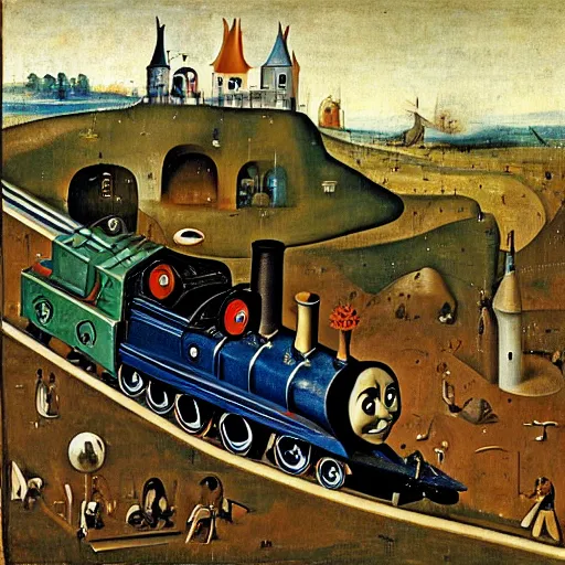 Image similar to thomas the tank engine as painted by hieronymus bosch