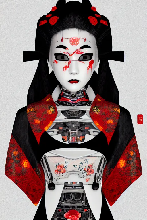 Image similar to full body portrait of a gothic japanese robot geisha with kanji tattoos and decals wearing a digital pixelated kimono, intricate design, photorealistic, octane render, raytraced, ultra fine detailed, character design, trending on artstation