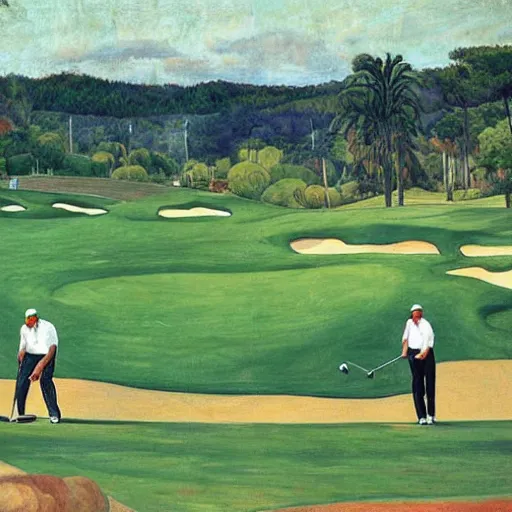 Image similar to Three golfers on a beautiful golf course driving range, by Diego Rivera