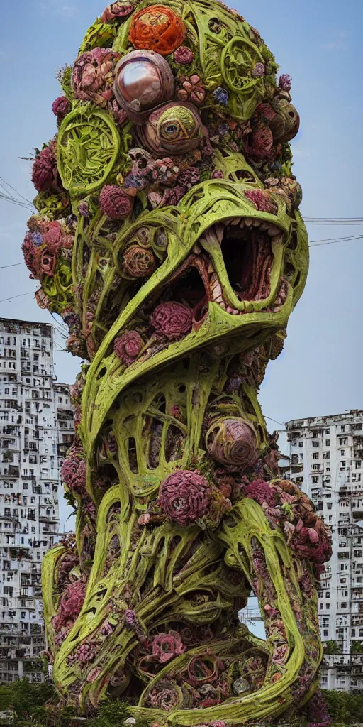 Image similar to colossal grotesque prehistoric psyhedelic alien predator flower made from best unfulfilled mankind projects in the middle of abandoned post soviet constructivist cityscape, Stalinist architecture, ultradetailed, Intricate by Hayao Miyazaki and Josan Gonzalez and Makoto Shinkai and Giuseppe Arcimboldo and Wes Anderson