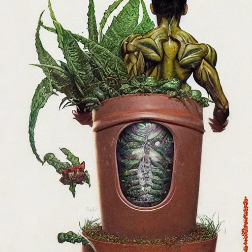 Image similar to Ripped Physique Portrait of a Venus Flytrap Guy wearing a Venus Flytrap costume plant disguised as a human standing atop a red clay pot greg rutkowski anna podedworna arthur rackham salvador dali octavio ocampo jacek yerka winslow homer norman rockwell inio asano prismacolor tombow quill
