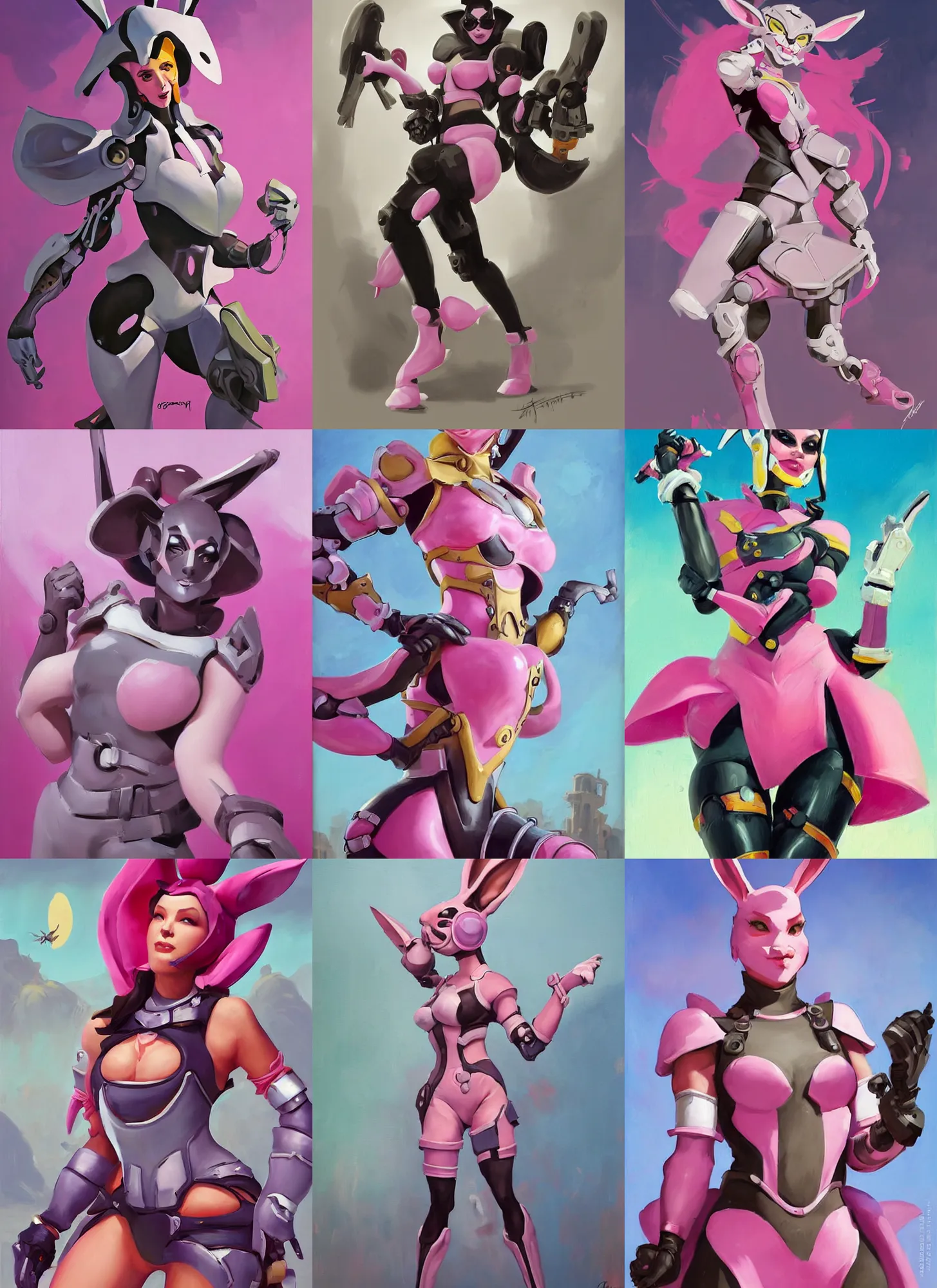 Prompt: cartoony, happy Greg Manchess portrait painting of a rabbit woman character from overwatch, armor, pink color scheme design, full shot, asymmetrical, splashscreen, Organic Painting, sunny day, Matte Painting, bold shapes, hard edges, cybernetic, moon in background, street art, trending on artstation, by Huang Guangjian and Gil Elvgren and Sachin Teng