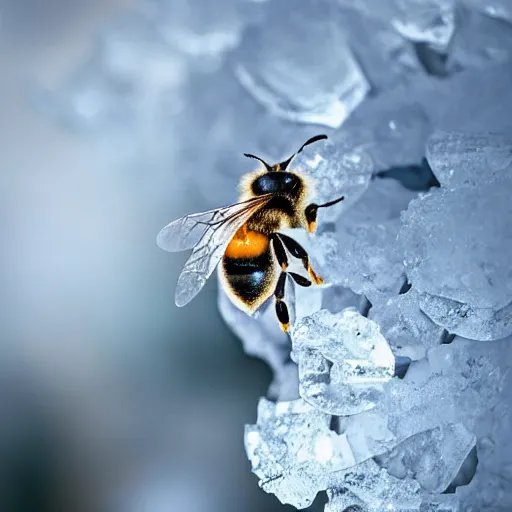 Prompt: a bee finding a flower made of ice in antarctica, only snow i the background, beautiful macro photography, ambient light