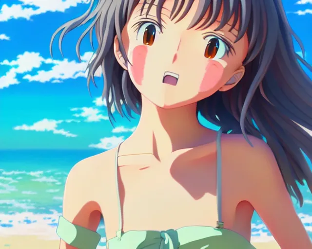 Image similar to anime fine details portrait of joyful girl at beach anime masterpiece by Studio Ghibli. 8k render, sharp high quality anime illustration in style of Ghibli, artstation