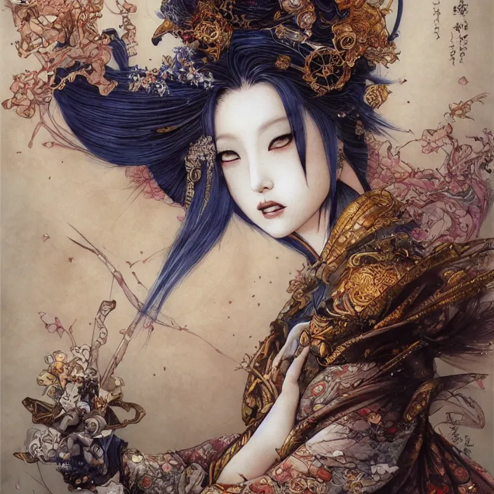 Image similar to asian geisha watercolor painting by yoshitaka amano, daniel merriam, ayami kojima, peter mohrbacher, intricate detail, artstation, artgerm, in the style of darkness - fantasy, rococo, gold leaf art