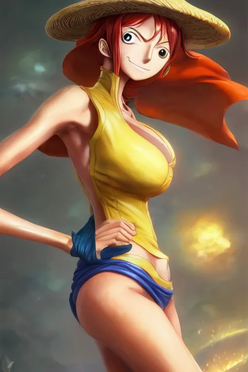 Prompt: Nami from One Piece, anatomy, only two hands, highly detailed, digital painting, artstation, concept art, smooth, sharp focus, illustration, Unreal Engine 5, 8K, art by art by artgerm and greg rutkowski and edgar maxence