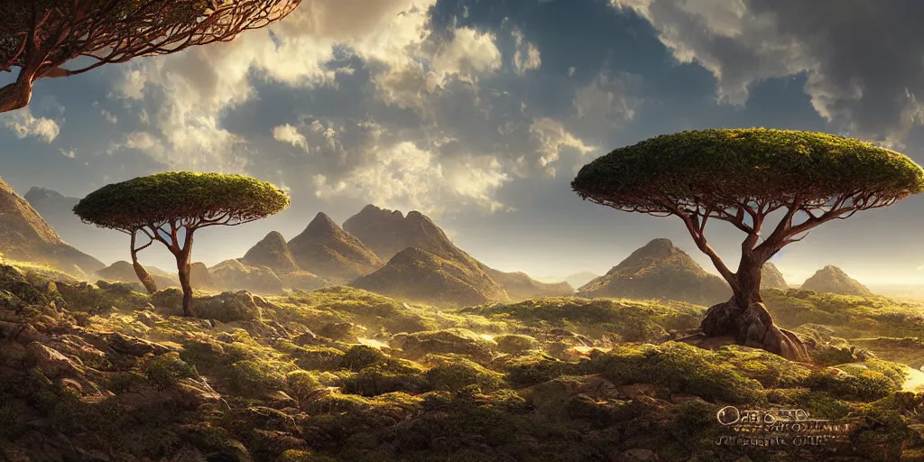 Image similar to Lively landscape of a socotra island filled with socotra dragon trees realistic detailed digital art by Maxwell Boas Jessica Rossier Christian Dimi