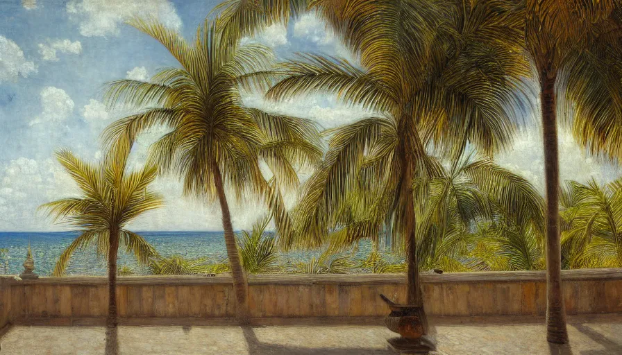 Prompt: a ultradetailed beautiful painting of the inside in the amazonas palace balustrade designed by jules bastien - lepage, tarsila do amaral, frank weston and gustave baumann, beach, trending on artstation, mediterranean, palm trees, sharp focus, soft light, 8 k 4 k