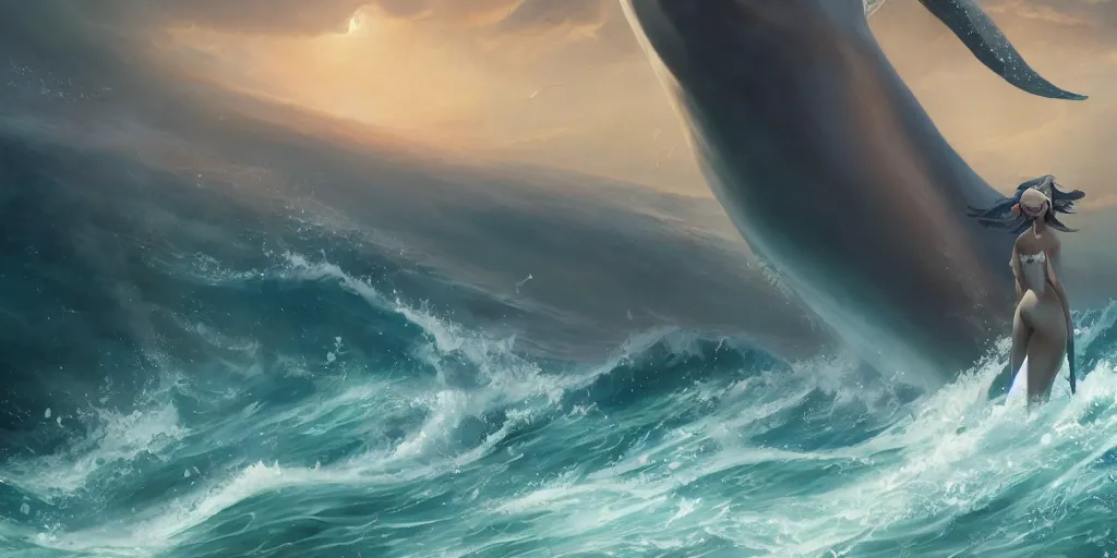 Image similar to close up of a beautiful girl on the horizon, hold the trident, model pose, slightly smiling,, big wave, big whale fighting against sharks on the background, by peter mohrbacher and makoto shinkai and ferdinand knab