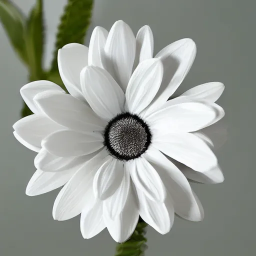 Image similar to white flower with sharp petals, metal dot inclusions in stem, smooth, silvery, contrast, side light, product shot