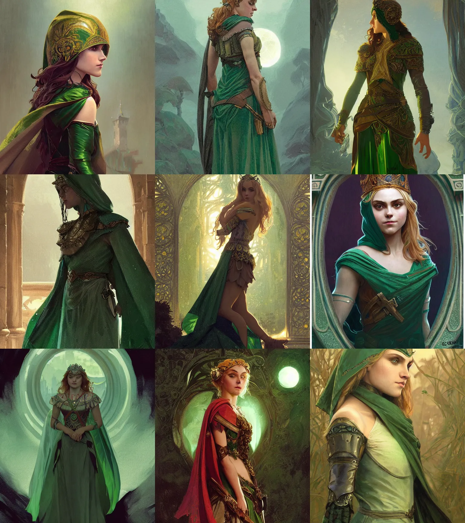 Prompt: Annasophia Robb as gaulish princess, green hood, dark, night, moon, intricate, elegant, highly detailed, digital painting, artstation, concept art, sharp focus, illustration, art by greg rutkowski and alphonse mucha and aleksi briclot