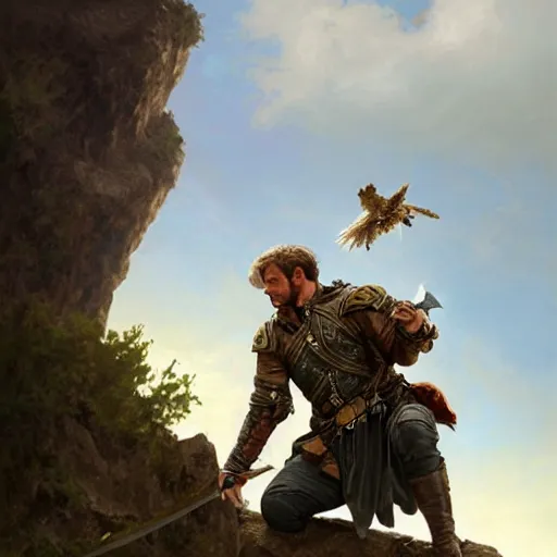 Image similar to rough middle age ranger with a falcon pet and a long sword, he is on top a cliff observing old ruins of a castle, elegant clothing, photorealistic render, matte patining, highly detailed, artstation, smooth, sharp focus, art by michael whelan, artgerm, greg rutkowski and alphonse mucha