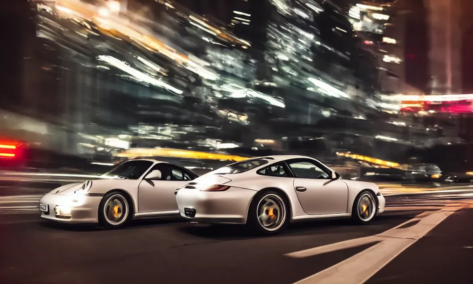 Prompt: photo of a porsche 911 at night driving fast through a city, cinematic, 4k, long exposure photography, tokyo drift, fast and furious, film still, night photography, motion blur, lens flare