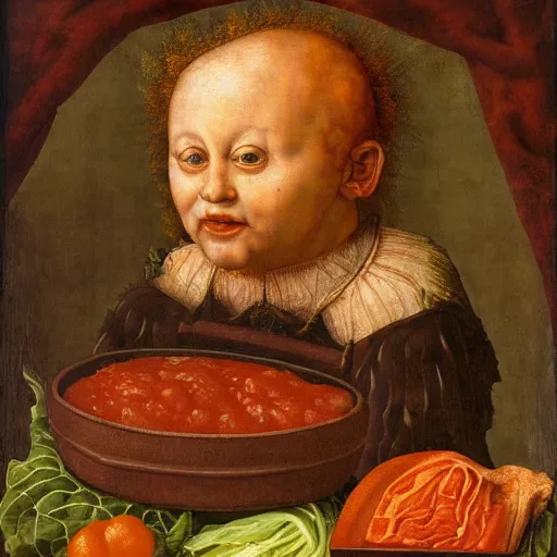 Prompt: a boy sitting in a tub full of tomato sauce, a lot of cabbage, by giuseppe arcimboldo and ambrosius benson, renaissance, portrait, fruit, detailed oil paint, high definition