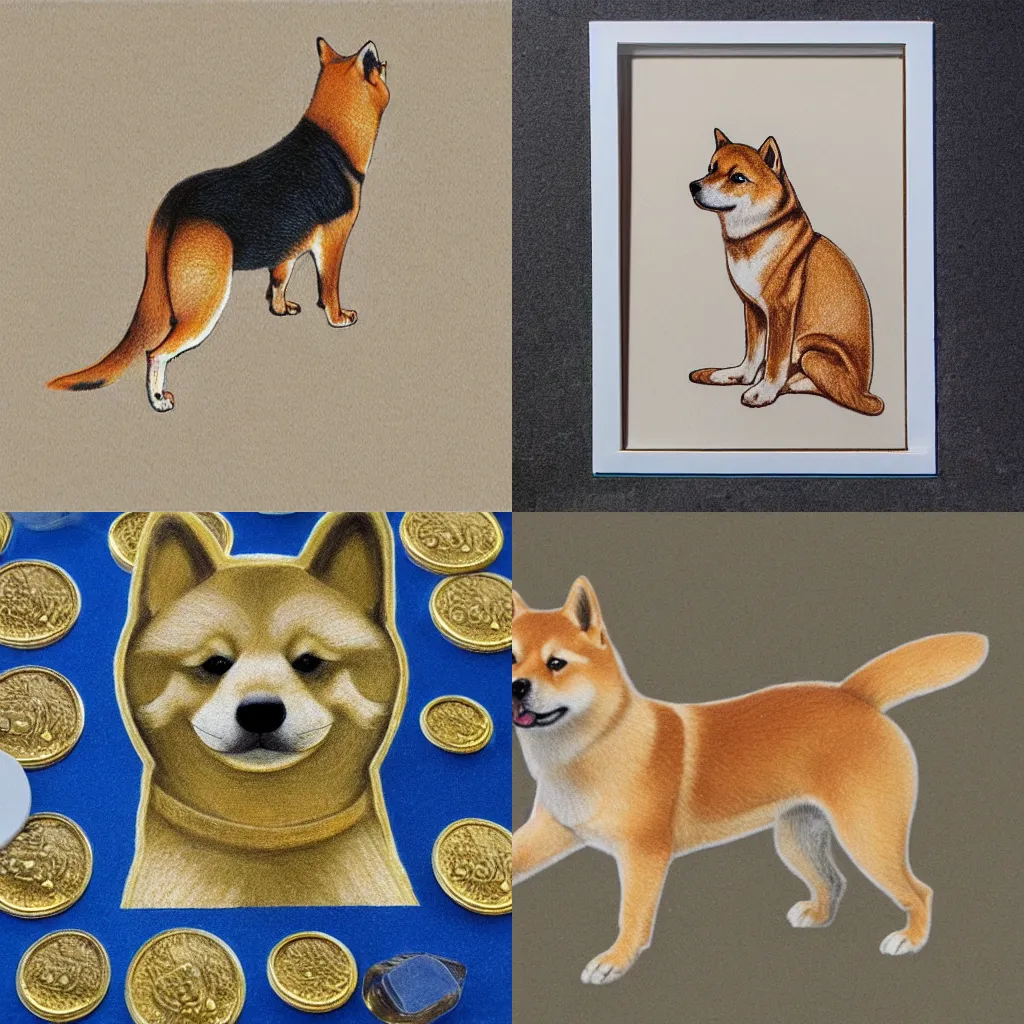 Prompt: a shiba inu standing on a thousand gold doge coins, drawn in coloured pencil