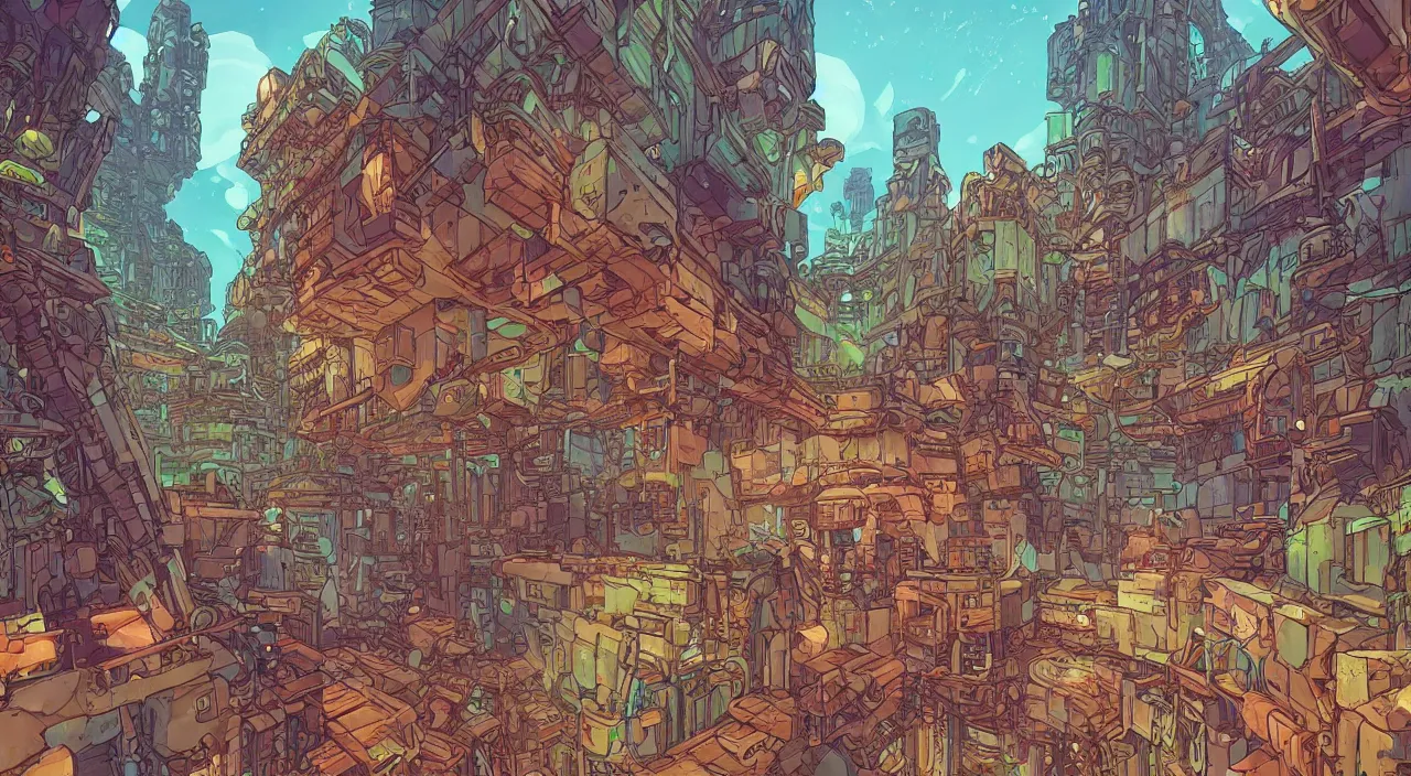 Image similar to open door wood wall fortress airship greeble block amazon jungle on portal unknow world ambiant fornite colorful that looks like it is from borderlands and by feng zhu and loish and laurie greasley, victo ngai, andreas rocha, john harris