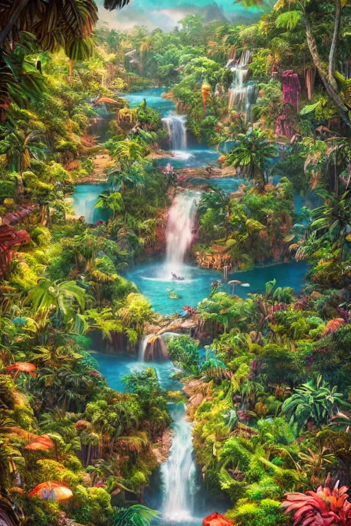 Image similar to aerial view of a colorful jungle with rivers and waterfalls, by artgerm, tom bagshaw, gerald brom, vaporwave colors, lo - fi colors, vaporwave, lo - fi, moody vibe, goth vibe, full body, rendered by substance designer,