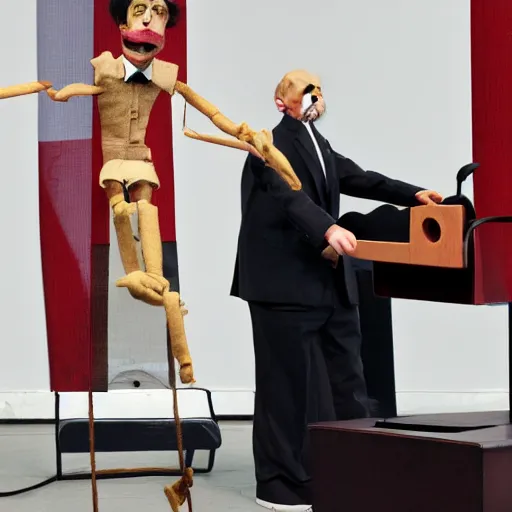 Image similar to crazy puppeteer using marionette of a president in a podium