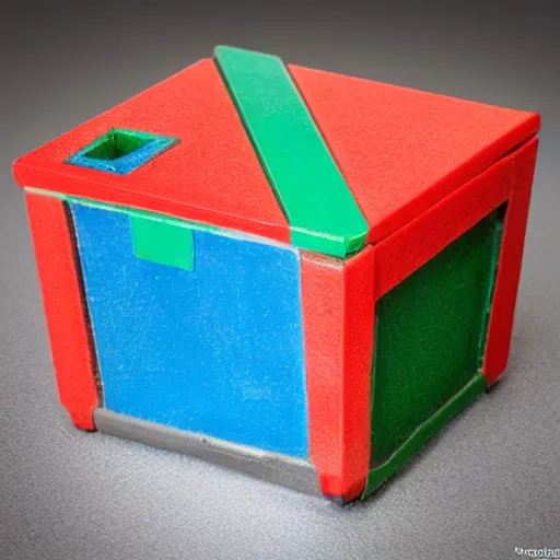 Image similar to red box, blue ball, green pyramid