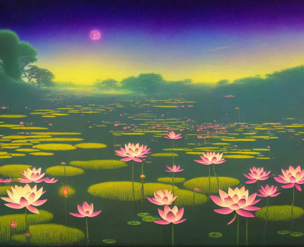 Image similar to a landscape pastel in the style of noriyoshi ohrai of a field of lotus flowers, glowing with iridescent mana, night time early dawn. key art. 4 k retrofuturistic fantasy