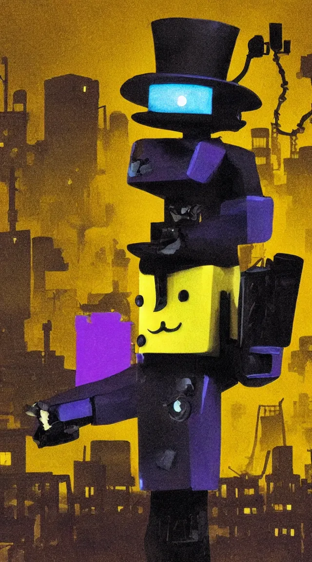 Image similar to tiny capitalist robot in the dark wearing a top hat, hrd, hyperrealistic, hyper detailed, tiny, lights, yellow, purple, blue, top hat, moustache, dusk, industrial background, factories, sky