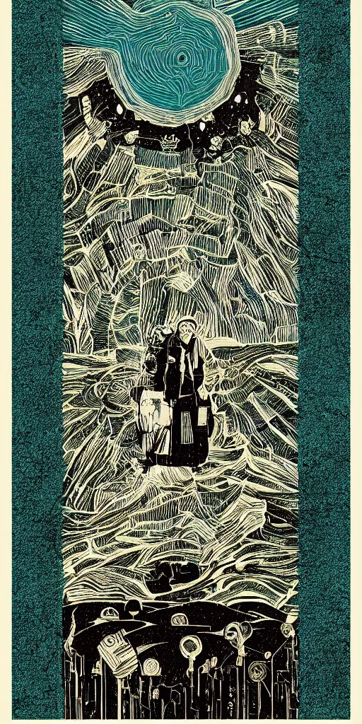 Prompt: eternal sunshine of the spotless mind, film grain, poster, style of 2d retro woodblock, layers of surreal geology, black fine lines on teal , stanley donwood, victo ngai, orthographic Wes Anderson