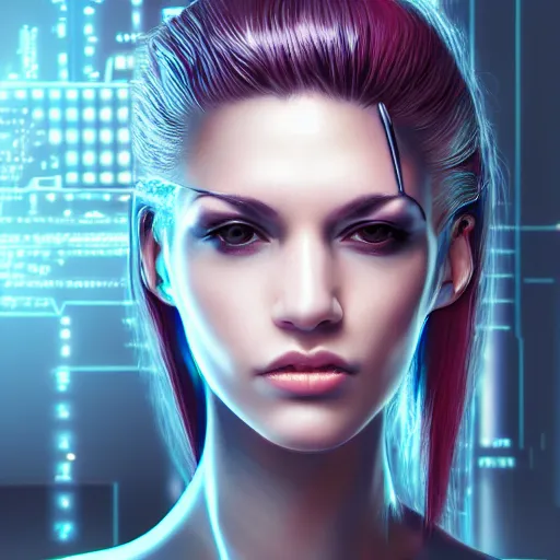 Prompt: realistic detailed portrait of Cyberpunk woman, portrait, Cyberpunk, Sci-Fi, science fantasy, glowing skin, full body, beautiful girl, extremely detailed, sharp focus, model