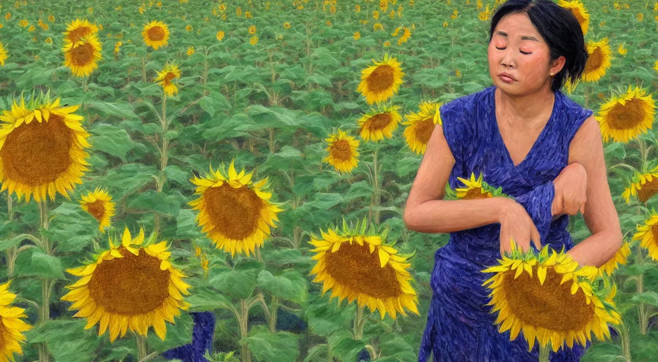 Image similar to impressionist style painting of asian woman crying with hands on broken back, field of sunflowers, overcast weather