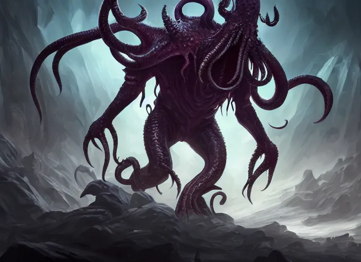 Image similar to cthulhu character concept art, dynamic pose, digital illustration, trending on artstation, intricate details, epic composition, sharp focus, 8 k uhd, masterpiece, league of legends splash art