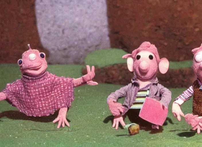 Image similar to a scene from a 1 9 8 0 s british kids tv programme by the bbc and oliver postgate, stop motion animation, the clangers, vhs distortion, folk horror