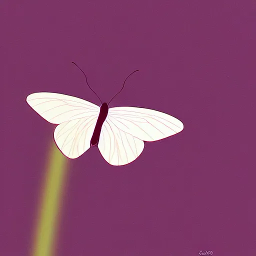 Prompt: by scott gustafson warm violet fine. a beautiful experimental art of a white butterfly fluttering away, into bright light.