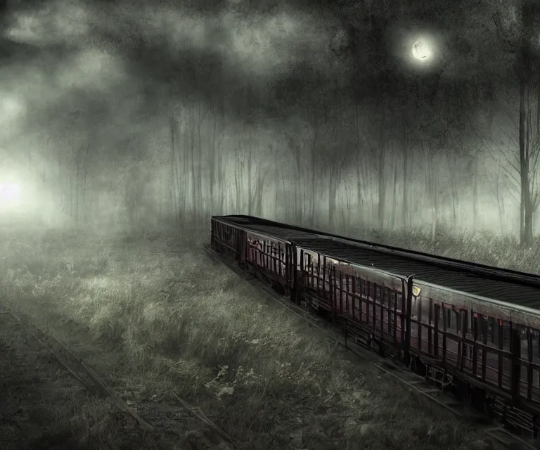 Prompt: magical ghost train, high res, photorealistic, dark atmosphere, dark fantasy, gloomy tracks, bright lights, forestry