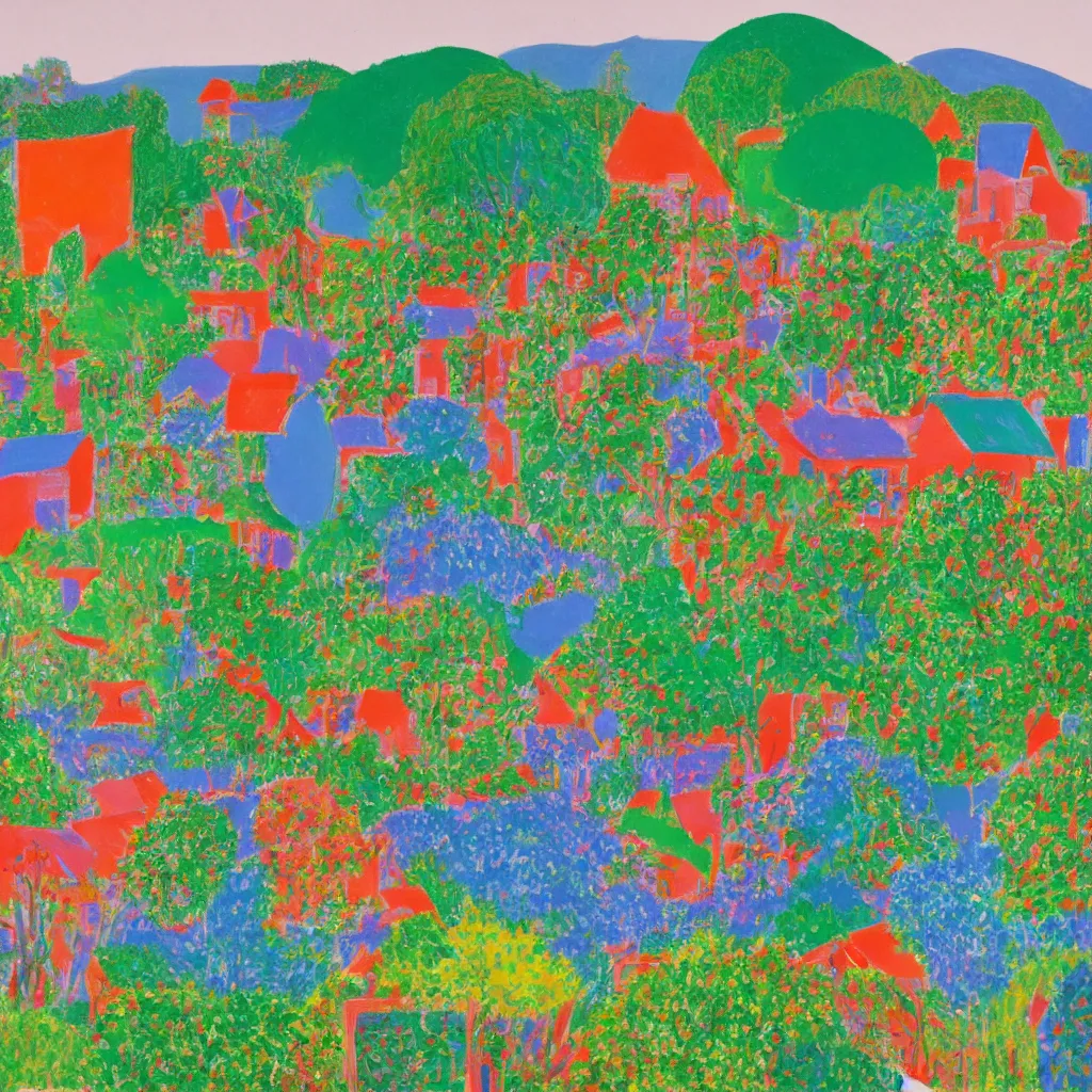 Prompt: dream an ecovillage 2030 David Hockney,