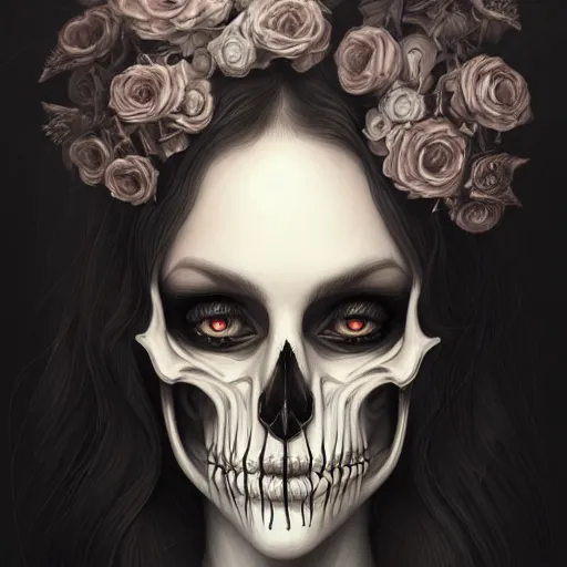 Prompt: a portrait of a skeleton, Anna Dittmann, dark, gothic, highly detailed, masterpiece, sharp, digital art, surreal, featured on artstation, HD, 8K
