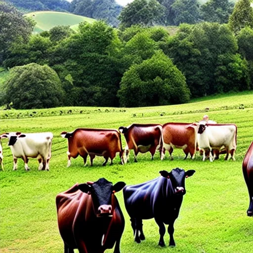 Prompt: a beautiful farm with two cows, three sheep, two hippopotamuses, five anteaters