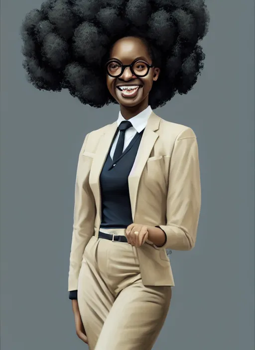 Image similar to full body portrait of young black woman with natural hair as a realtor, corporate skirt suit, intricate, beaming smile, angelic halo, highly detailed, digital painting, artstation, concept art, smooth, sharp focus, illustration, art by wlop, mars ravelo and greg rutkowski