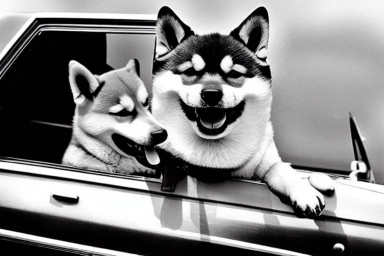 Image similar to picture of a shiba inu driving a car, 1 9 7 0 s