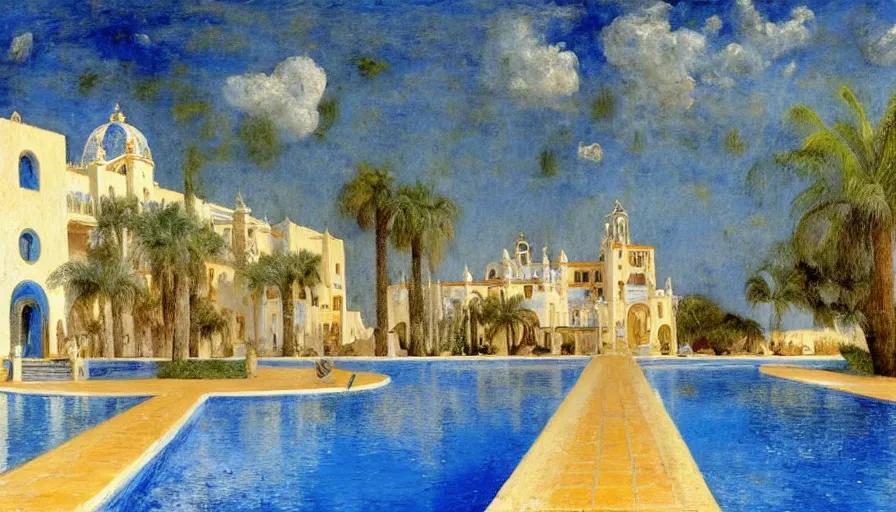 Image similar to a 1 9 9 8 southern spain palace!!! costa blanca, designed by cheval michael, bispo do rosario, arnold bocklin, tarsila do amaral and gustave baumann, jules bastien - lepage, warm, mediterranean, star, sharp focus, colorful refracted sparkles and lines, soft light, 8 k 4 k