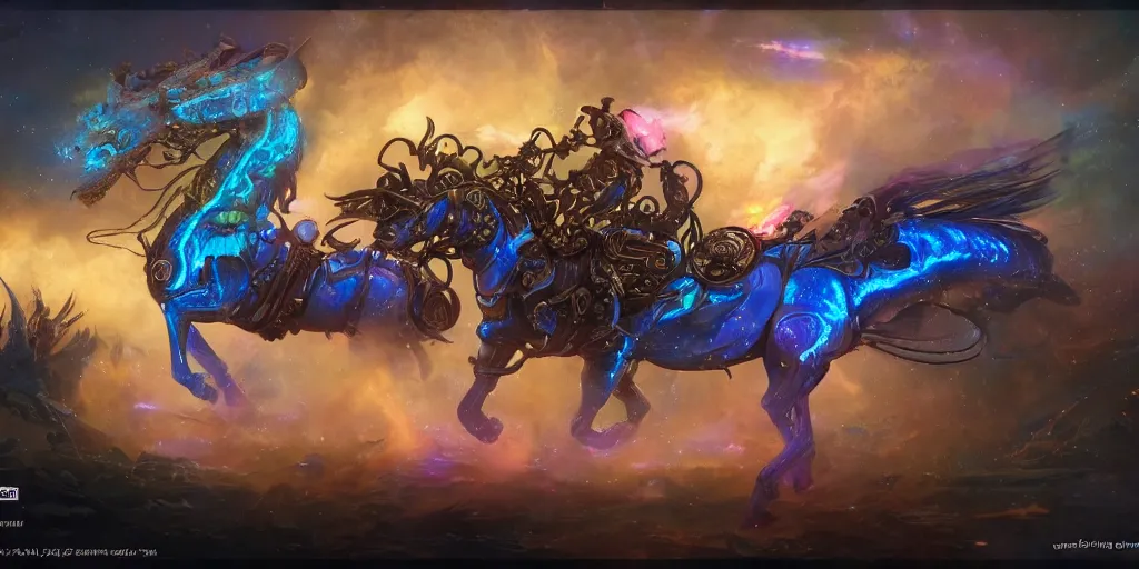 Image similar to cosmic steampunk opal mechanical horse, character design sheet, monster hunter illustrations art book, iridescent, blue flame, neon lights, armored, moebius, greg rutkowski, zabrocki, karlkka, jayison devadas, phuoc quan, trending on artstation, 8 k, ultra wide angle, zenith view, pincushion lens effect.