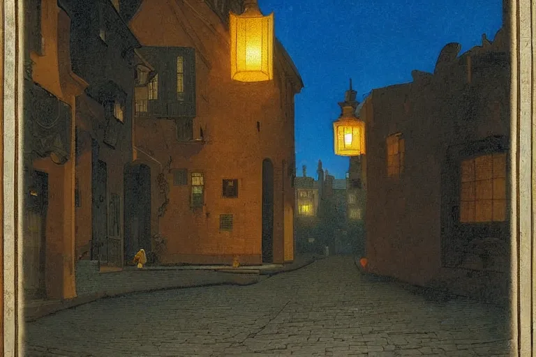 Image similar to winding street at midnight in a very old very beautiful city by George Price Boyce and Vermeer and Maxfield Parrish, glowing paper lanterns, strong dramatic cinematic lighting , ornate tiled architecture, lost civilizations, smooth, sharp focus, extremely detailed