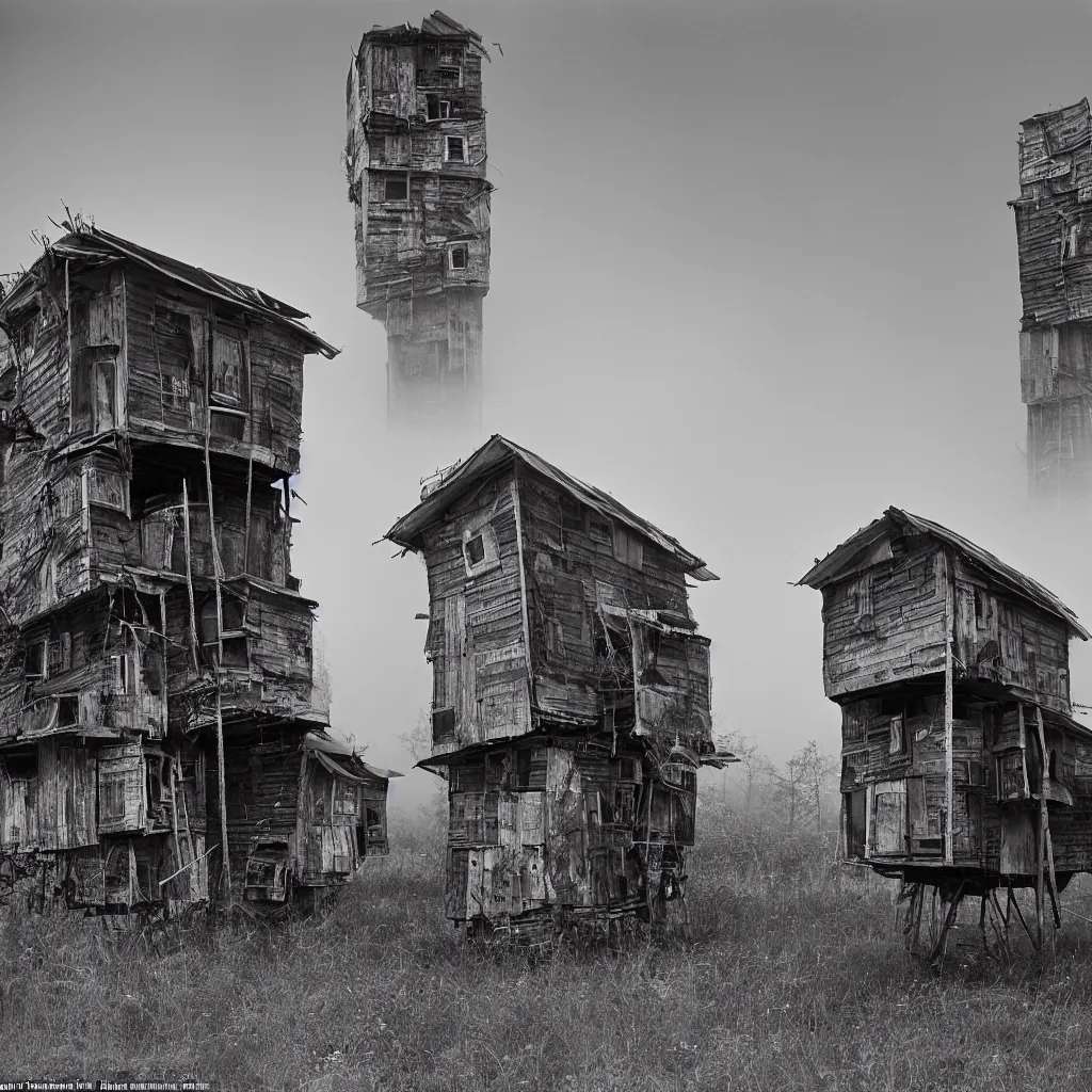 Image similar to two giant towers, made up of makeshift squatter shacks, misty, dystopia, mamiya rb 6 7, fully frontal view, very detailed, photographed by ansel adams