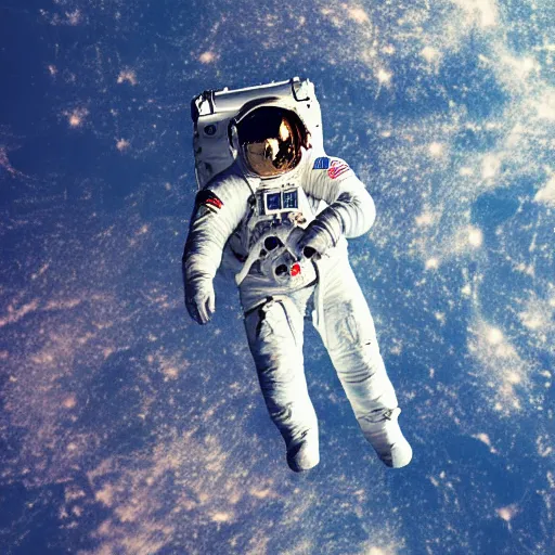 Image similar to photograph of an astronaut in space, singular light source from below, earth only visible below, darkness above, full body photo, amazing light and shadow contrast, 8 k