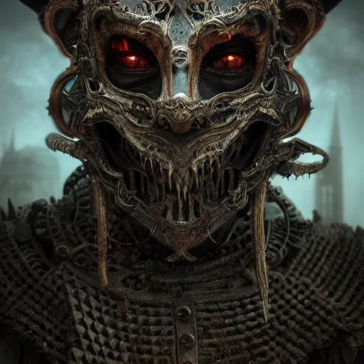 Image similar to Very very very very highly detailed epic photo of demonic face with venetian mask, intricate, dystopian, sci-fi, extremely detailed, digital painting, artstation, concept art, smooth, sharp focus, illustration, intimidating lighting, incredible art by Anton Pieck, Octane render in Maya and Houdini VFX