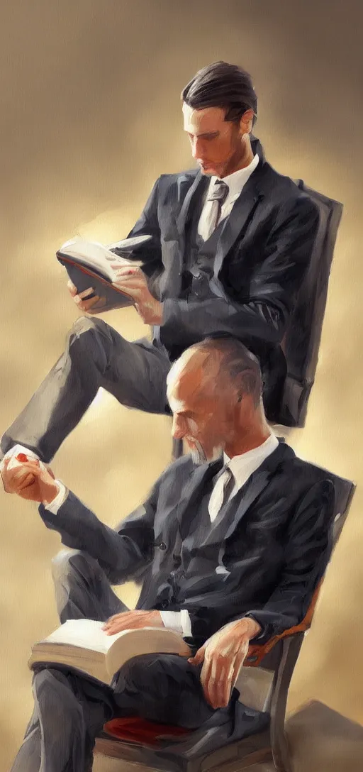 Image similar to a man reading a book wearing a suit oil painting, digital art, artstation