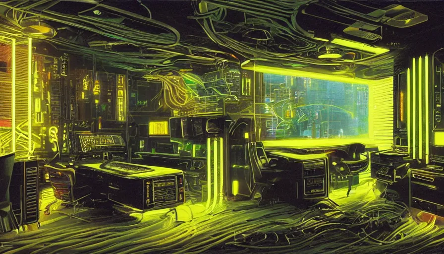 Prompt: A highly detailed rendering of a Cyberpunk hackers bedroom which has sophisticated hi-tech holographic wall boards and screens surrounded by messy cables, soft neon yellow lighting, reflective surfaces, sci-fi concept art, by Syd Mead, by H.R.Giger, highly detailed, oil on canvas